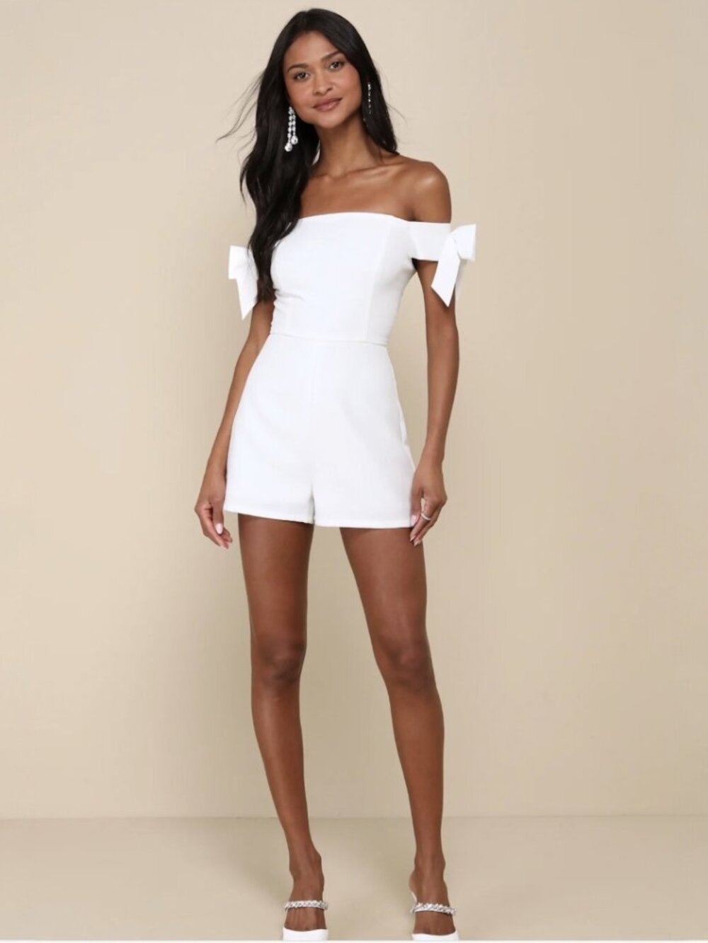 Lulus Ideally Sweet White Off-the-Shoulder Bow Romper​ NWT